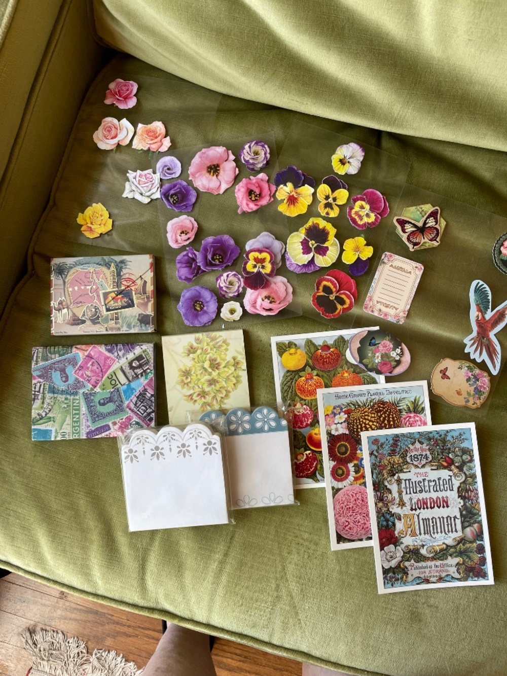 Lot of 40+ floral stickers, post cards, and assorted small writing pads